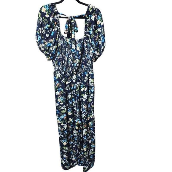 We Love Fashion Navy Floral Plus Size Wide Leg Jumpsuit Jumper - Picture 3 of 4